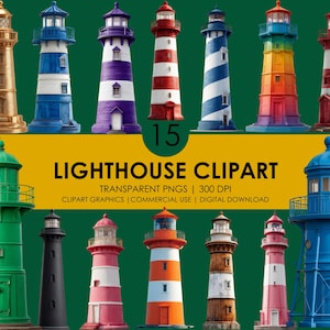 15 cliparts phare, phare PNG, ensemble de cliparts côtiers, illustration nautique, phare réaliste PNG, graphismes sur le thème de l'océan
