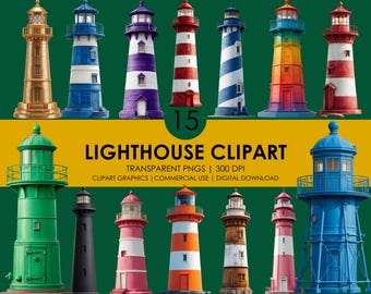 Lighthouse Clipart Bundle: Coastal Nautical PNG Graphics (Digital Download)
