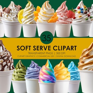 May include: A collection of soft serve ice cream in white paper cups, each topped with different flavors and toppings like chocolate sauce, fruit, and sprinkles. The image includes the text "SOFT SERVE CLIPART".
