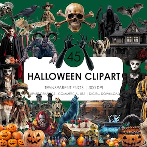 45 clipart assustadores de Halloween | Gráficos assustadores de Halloween | Clipart realista | caveiras, aranhas, abóboras, zumbi, palhaço, vampiro, bruxas