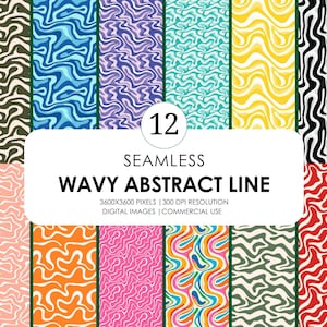 Puede incluir: Doce patrones digitales sin costuras que presentan líneas abstractas onduladas en varios colores, incluidos el negro, el blanco, el verde, el azul, el morado, el amarillo, el naranja, el rosa y el rojo. Los patrones son de 3600 x 3600 píxeles y tienen una resolución de 300 DPI.
