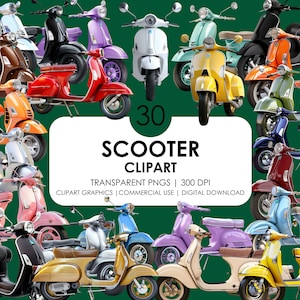 30 cliparts scooter | Clipart Vespa| Clipart Vespa réaliste | Vespa vintage PNG | Lot de cliparts| Graphique pour trottinettes Vespa| Téléchargement instantané