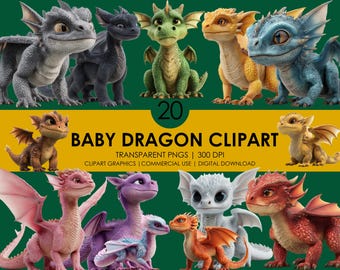 May include: A collection of 20 baby dragon clipart images in various colors, including green, blue, and red. The text "BABY DRAGON CLIPART" is displayed on a yellow background. The images are transparent PNGs.