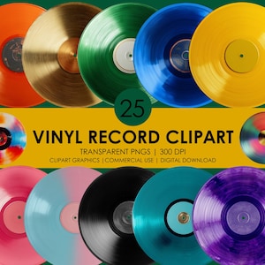 May include: A collection of colorful vinyl records in various shades, including orange, gold, green, blue, and yellow. The image also features records in pink, light blue, black, teal, and purple. Text reads "VINYL RECORD CLIPART".