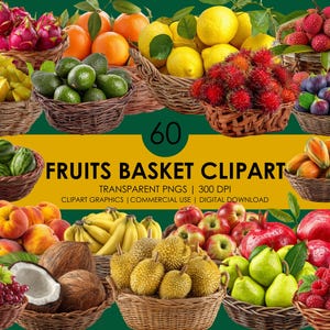 60 fruits panier des cliparts, PNG de fruits, clipart panier de fruits réaliste, des cliparts d'aliments sains, graphiques de fruits colorés, lot de fruits frais