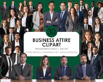 Puede incluir: Un gráfico de descarga digital con 30 imágenes prediseñadas de vestimenta de negocios. Las imágenes incluyen hombres y mujeres con trajes y ropa de negocios. El texto dice "Business Attire Clipart".