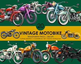20 Vintage Motorcycle Clipart PNGs: Retro Bike Graphics (Digital Download)