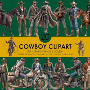 20 imágenes prediseñadas de vaquero, imágenes PNG de vaquero, dibujos animados de vaquero, gráficos de vaquero occidental, imágenes prediseñadas de rodeo, imágenes PNG de vaquero vintage, paquete de temática campestre