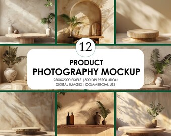 Product Photography Podium Mockup Bundle: Minimal Beige Backgrounds (JPEG File)