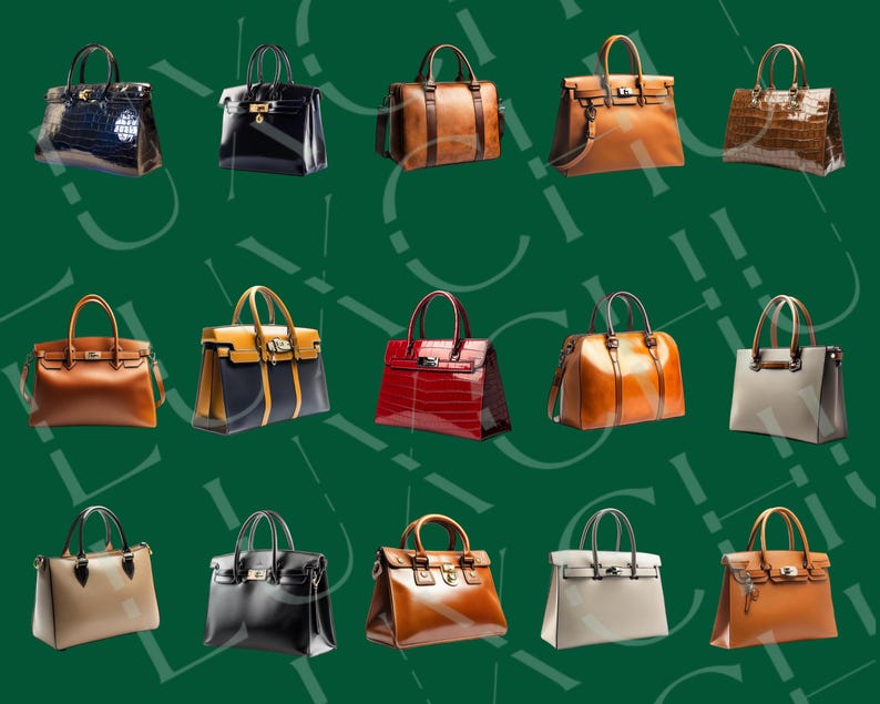 Pu&ograve; includere: Una collezione di 15 diverse borse di design in vari colori e materiali, tra cui pelle, coccodrillo e tela. Le borse sono disposte in tre file di cinque, con ogni borsa che presenta un design e uno stile unici.