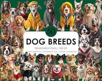May include: A digital download of 50 transparent PNG images of different dog breeds. The images are high-resolution and perfect for crafting, scrapbooking, and other creative projects.  The text on the image reads "50 Dog Breeds, Transparent PNGs | 300 DPI, Clipart Graphics | Commercial Use | Digital Download".
