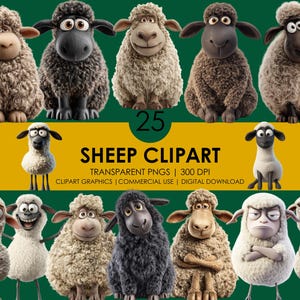 May include: A collection of 25 cartoon sheep in various poses and colors, including white, black, and brown. The image includes text that reads "SHEEP CLIPART" and details about the image file type and usage.