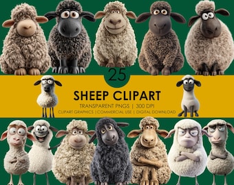 25 Quirky Sheep Clipart PNG: Farm Animal Graphics (Digital Download)