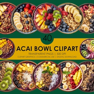 May include: A collection of ten acai bowls with various toppings, including fruit, granola, and nuts, arranged on a green background. The image includes the text "40 ACAI BOWL CLIPART".