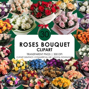 30 rosas ramo clipart/ paquete de imágenes prediseñadas de rosas/ imágenes prediseñadas florales/ ramos de rosas PNG/ imágenes prediseñadas realistas / descarga digital / uso comercial
