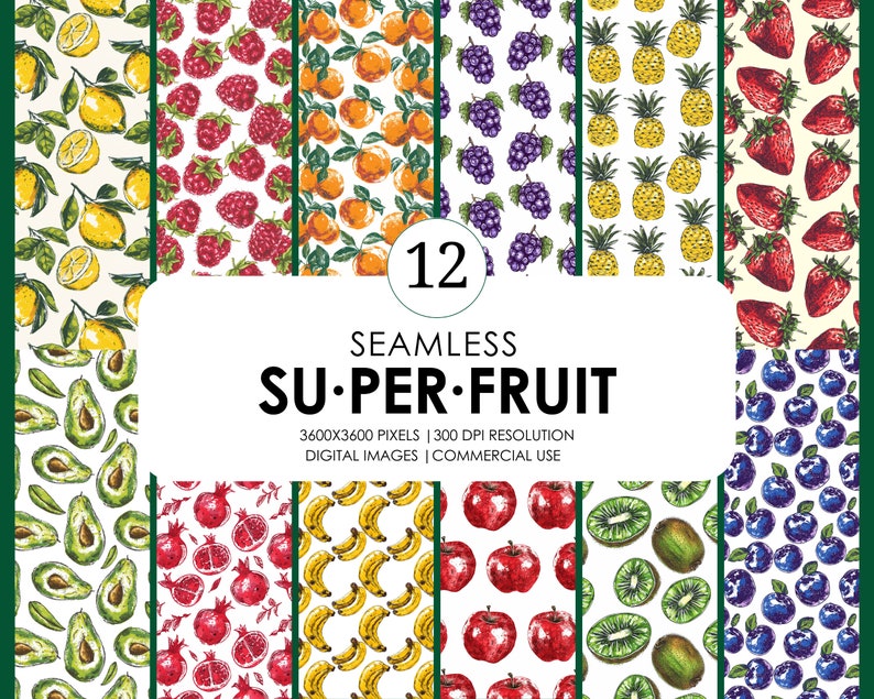12 Seamless Super Fruit, Hand Drawn Design, Digital Paper, Seamless ...
