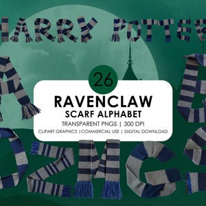 May include: A set of 26 alphabet letters made from blue and gray striped scarves. The letters spell out "HARRY POTTER" and "RAVENCLAW SCARF ALPHABET". The letters are on a green background with a white moon.