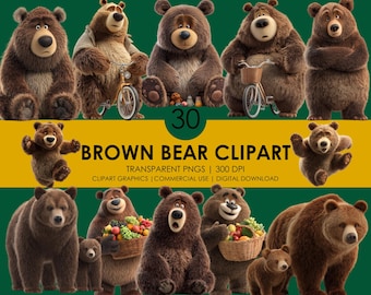 Clipart di orso bruno: 30 divertenti immagini PNG di animali (download digitale)