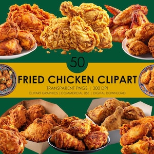 50 cliparts poulet frit | Poulet croustillant PNG| Clipart réaliste | Graphiques de poulet| Restauration rapide PNG| Clipart nourriture | Lot de cliparts volaille
