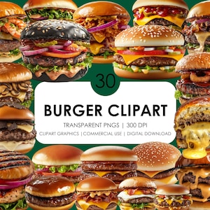 30 imágenes prediseñadas de hamburguesas/Paquete de imágenes prediseñadas de hamburguesas/PNG de alta calidad/hamburguesa/hamburguesa con queso/gráficos de hamburguesas realistas/fondo transparente