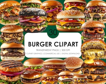 30 Realistic Burger Clipart: Cheeseburger PNG Graphics (Digital Download)