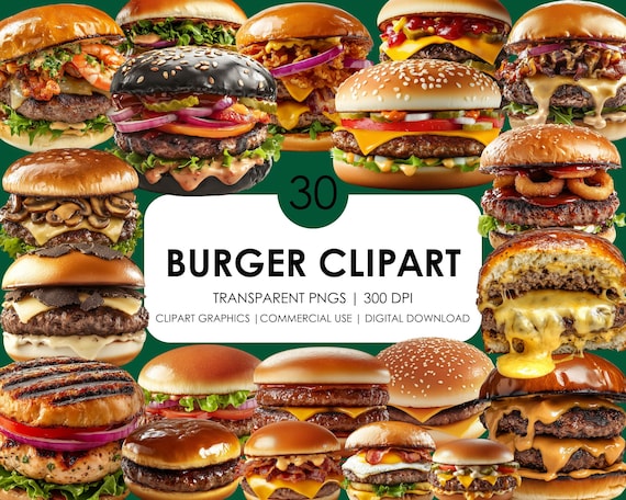 30 Realistic Burger Clipart: Cheeseburger PNG Graphics (Digital Download)