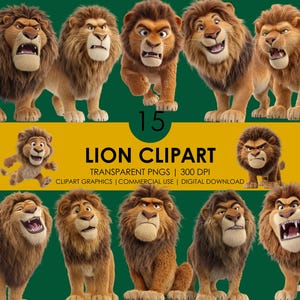15 Cliparts de Leão, Leão PNG, Desenhos Animados de Leão Fofo, Cliparts de Leão Realistas, Cliparts de Animais da Selva, Animais de Safári PNG, Cliparts de Rei da Selva