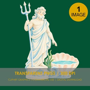 Poseidon Statue With Trident and Shell Basin, Clipart, PNG, Digital Download