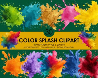May include: A collection of 30 colorful paint splash clipart images in various hues, including green, blue, gold, pink, yellow, orange, purple, and red. The text "COLOR SPLASH CLIPART" is displayed on a yellow banner.