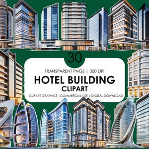 Puede incluir: Una colección de 30 imágenes PNG transparentes de edificios de hoteles modernos. Las imágenes son de alta resolución y perfectas para usar en proyectos de diseño, presentaciones y más.