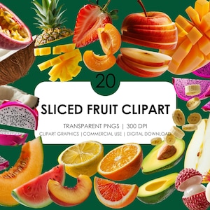 20 fruits tranchés Clipart| Clipart fruit réaliste | Clipart réaliste | Fruits png de haute qualité | Graphiques de fruits| Fraise, Citron, Orange PNG