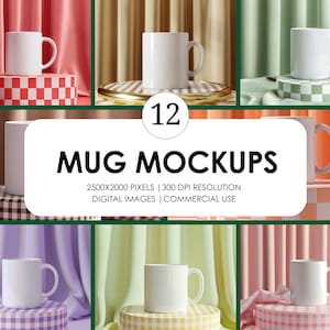 12 mokmodellen| Mockupbundel voor mok| Keramische mok mockup| Geruit podium| Witte koffiemok| Minimale mokmodellen| Digitaal downloaden