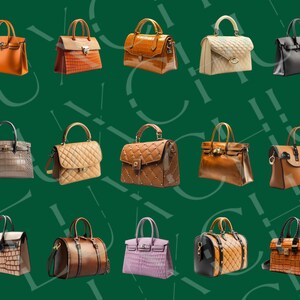 Pu&ograve; includere: Una collezione di 15 diverse borse di design in vari colori e stili, tra cui marrone, nero, beige e viola. Le borse sono realizzate in pelle e hanno diverse texture, come trapuntata, goffrata a coccodrillo e liscia.