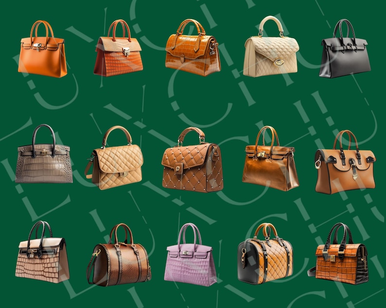 Pu&ograve; includere: Una collezione di 15 diverse borse di design in vari colori e stili, tra cui marrone, nero, beige e viola. Le borse sono realizzate in pelle e hanno diverse texture, come trapuntata, goffrata a coccodrillo e liscia.