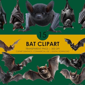 May include: A collection of 15 bat clipart images in various poses, including hanging upside down and flying. The bats are depicted in shades of black, brown, and gray, set against a green and yellow background. Text reads "BAT CLIPART".