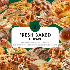 Op de afbeelding: Een verzameling van diverse bakkerijproducten, waaronder brood, bagels, croissants en gebak. De afbeelding toont een verscheidenheid aan texturen en kleuren, met sommige items in plakken gesneden om de binnenkant te laten zien. De tekst "FRESH BAKED CLIPART" is ook zichtbaar.