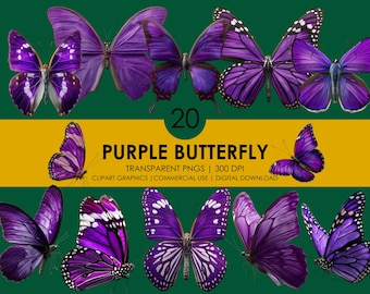 Puede incluir: Un conjunto de 20 ilustraciones de mariposas moradas con fondos transparentes. Las mariposas están en varias poses y tienen diferentes patrones de alas. Las ilustraciones son perfectas para el scrapbooking digital, la creación de tarjetas y otros proyectos creativos.
