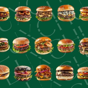 May include: A collection of 15 different gourmet burgers with various toppings, including cheese, lettuce, tomato, onion, pickles, and sauces. The burgers are arranged in three rows of five, with a green background.