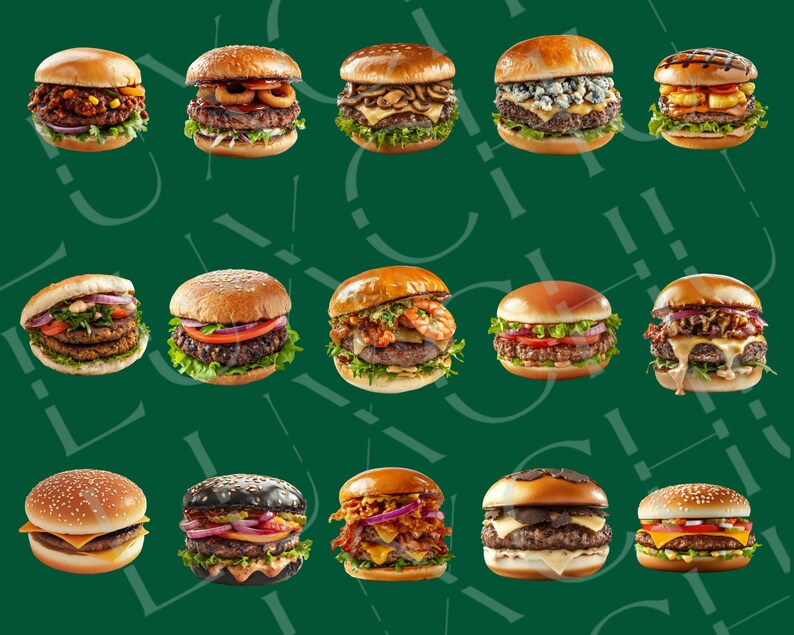 May include: A collection of 15 different gourmet burgers with various toppings, including cheese, lettuce, tomato, onion, pickles, and sauces. The burgers are arranged in three rows of five, with a green background.