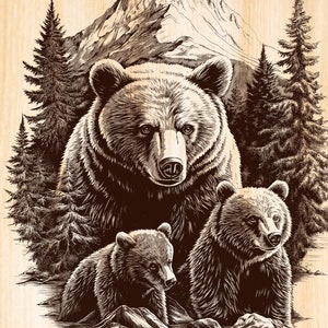 May include: A black and white illustration of a mother bear and two cubs standing in a stream. The bears are surrounded by trees and a mountain in the background.