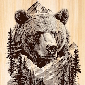 Puede incluir: Una ilustración en blanco y negro de la cabeza de un oso con una cordillera y un bosque en el fondo.