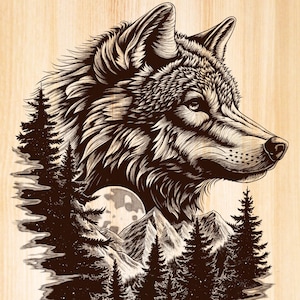 Wolf Laser Burn File, Wolf in the forest Scene engraving laser Projects, Nigh Nature Wildlife PNG Laser ready Files.