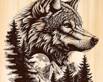 Wolf Laser Burn File, Wolf in the forest Scene engraving laser Projects, Nigh Nature Wildlife PNG Laser ready Files.