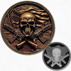 May include: A bronze-colored, circular relief sculpture featuring a skull, crossed rifles, and an American flag. The skull is centered, with rifles crossed below. The flag waves behind the skull. A smaller, grayscale version is in the lower right.