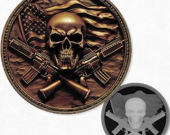 Marine Skull with Crossed Rifles Grayscale 3D Coin depth maps File for Fiber | Laser File | Height Map| 3D Laser Engrave | Lightburn | PNG