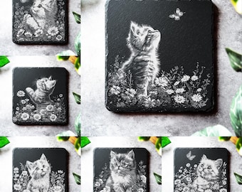 Cat Kitten Laser Slate Board Coaster Engraving Files, Glowforge File, laser files xtool, Cat Kitten and flower 6 PNG Bundle Laser files