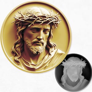 Può includere: Una scultura a rilievo color oro raffigurante un uomo con lunghi capelli, barba e una corona di spine. La scultura è inserita in una cornice circolare. Una versione più piccola in scala di grigi dell'immagine è visibile sotto.