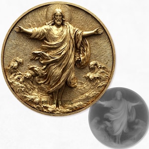 May include: A golden-colored relief sculpture of a figure with outstretched arms, set within a circular frame. The figure is depicted with flowing robes, a halo, and is positioned above stylized waves. The sculpture has a textured surface and is likely made of metal.