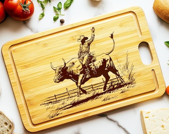 Cutting Board SVG Bull Rider , Laser cut files cutting boards engraving SVG and PNG files for Wood, Rodeo Cutting board laser ready file.