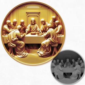 Op de afbeelding: Een goudkleurig reliëfbeeldhouwwerk dat het Laatste Avondmaal uitbeeldt. Het cirkelvormige kunstwerk toont Jezus en zijn discipelen die aan een tafel zitten. De figuren zijn gekleed in vloeiende gewaden en de scène speelt zich af in een gedetailleerd architecturaal kader.